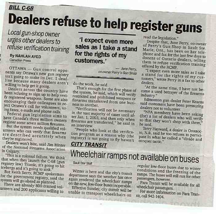 CP Article, C-68, Dealers refuse to help register guns